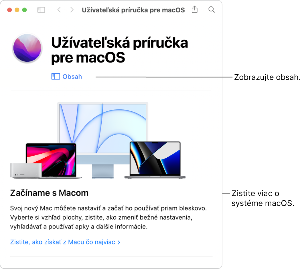 Úvodná obrazovka Príručky užívateľa pre macOS zobrazujúca odkaz na obsah.