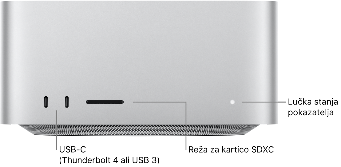 Sprednji del Mac Studio prikazuje dva vrata USB-C, režo za kartico SDXC in indikatorsko lučko stanja.