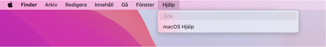 En del av skrivbordet med en öppen Hjälp-meny som visar menyalternativ för sökning och macOS Hjälp.