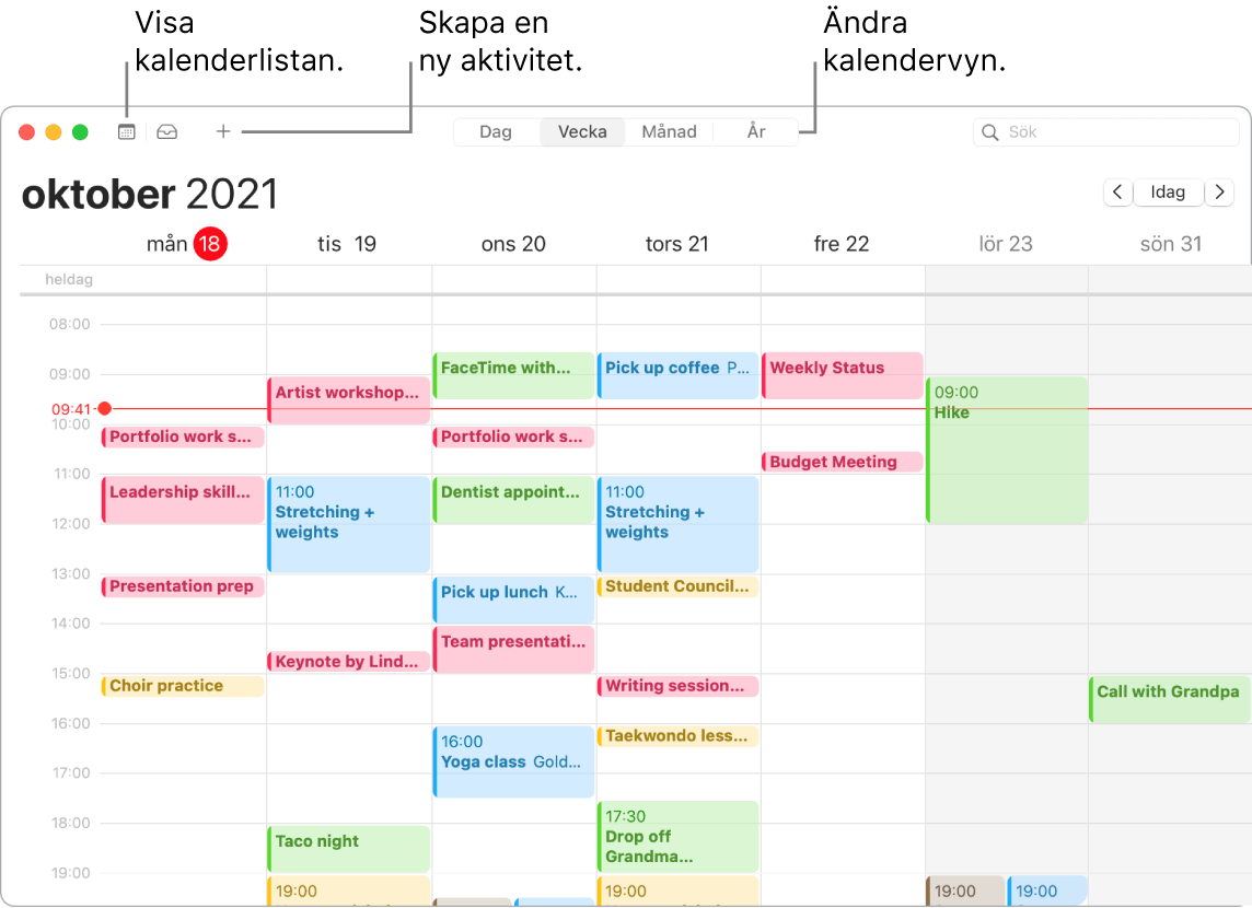 Ett Kalender-fönster som illustrerar hur du skapar en aktivitet, visar kalenderlistan och väljer dag-, vecko-, månads- eller årsvyn.