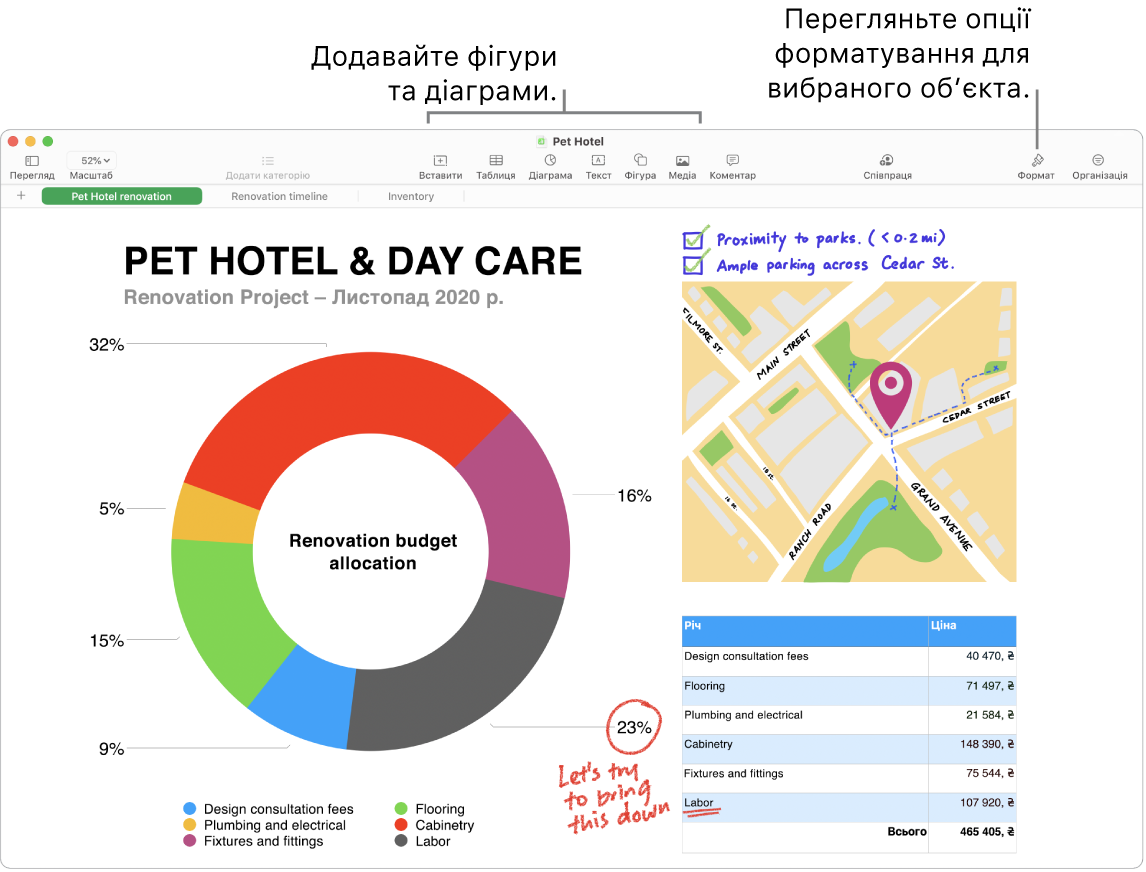 Вікно програми Numbers із панеллю інструментів і засобами редагування вгорі, кнопка «Співпрацювати» вгорі справа і кнопки «Формат» і «Організувати» справа. Бокова панель «Формат» відкрита на вкладці «Діаграми».