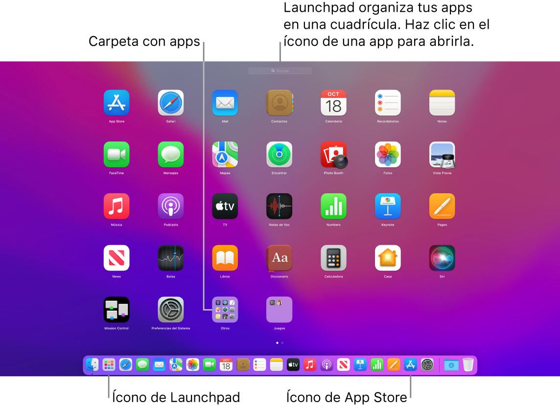 La pantalla de la Mac con el Launchpad abierto, mostrando una carpeta de apps en el Launchpad y los íconos del Launchpad y de App Store en el Dock.