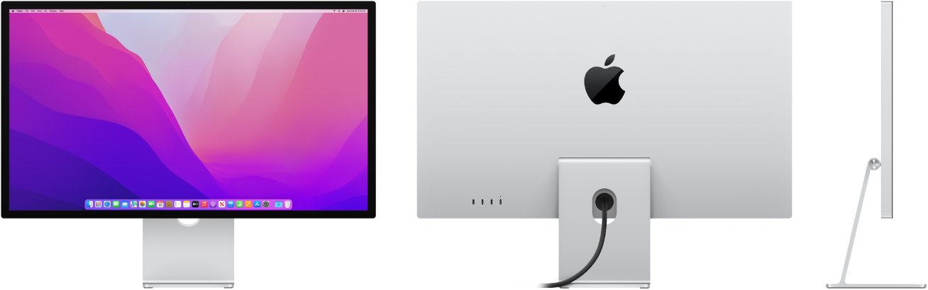 Apple Studio Display külje-, eest- ja tagantvaade.