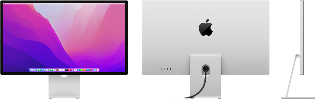 Apple Studio Display sāna skats, skats no priekšpuses un skats no aizmugures.