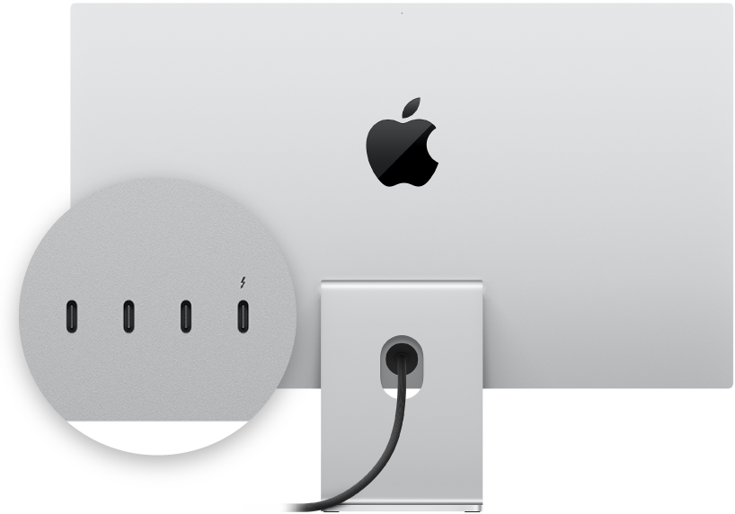 Widok z tyłu na wyświetlacz Apple Studio Display oraz powiększone zdjęcie gniazd.