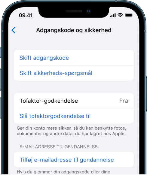 Et skærmbillede fra iPhone, der viser, at tofaktorgodkendelse er slået fra.