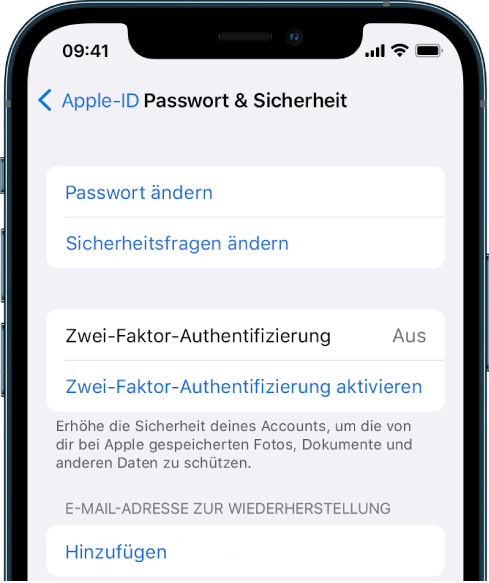 Ein iPhone-Bildschirm mit deaktivierter Zwei-Faktor-Authentifizierung.