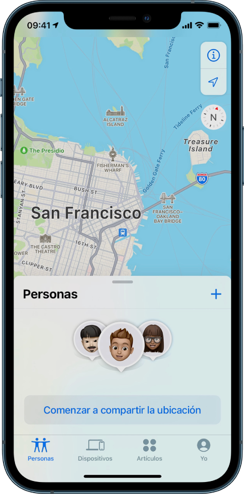 Captura de pantalla de un iPhone mostrando el botón Comenzar a compartir la ubicación con tres personas.