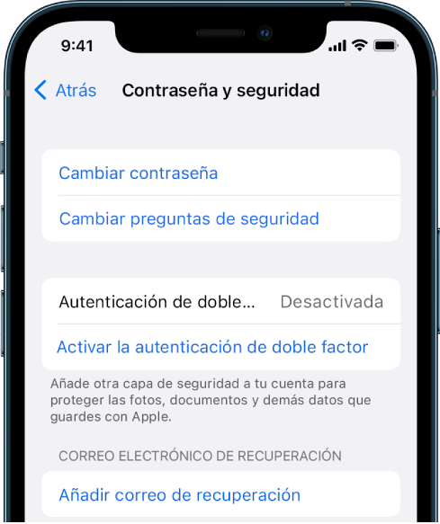 Captura de pantalla de un iPhone que muestra la autenticación de doble factor desactivada.