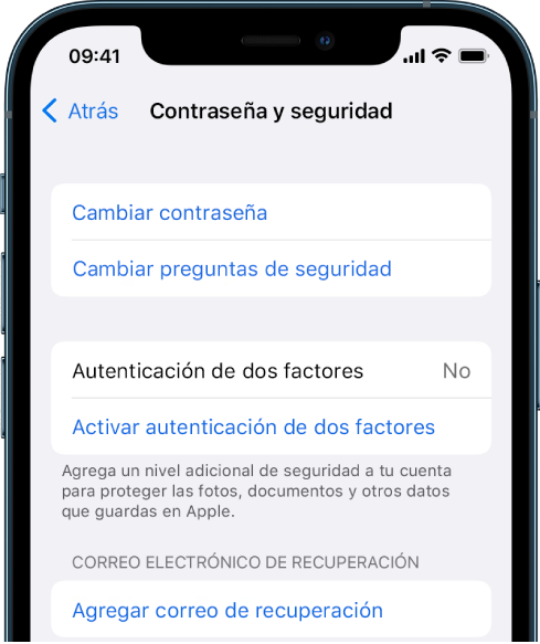 Captura de pantalla de un iPhone mostrando que la autenticación de dos factores está desactivada.