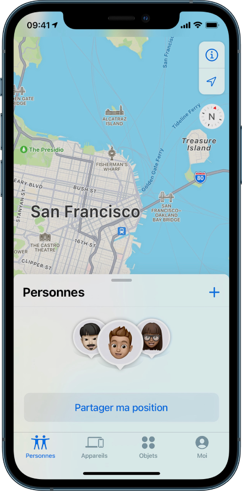 Capture d’écran de l’iPhone montrant le bouton «&nbsp;Partager ma position&nbsp;» avec trois autres personnes