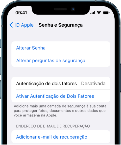 Captura de tela do iPhone mostrando a autenticação de dois fatores desativada.