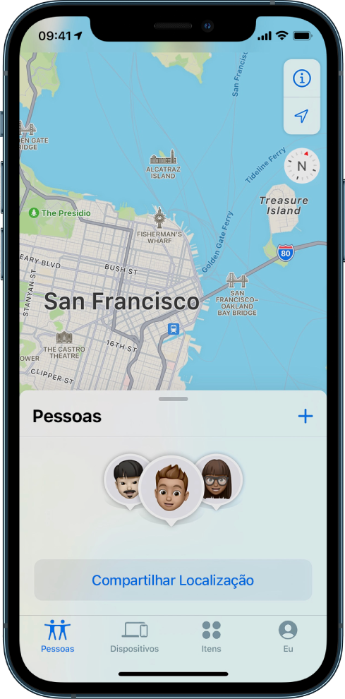 Captura de tela do iPhone mostrando o botão Compartilhar Localização com outras três pessoas.