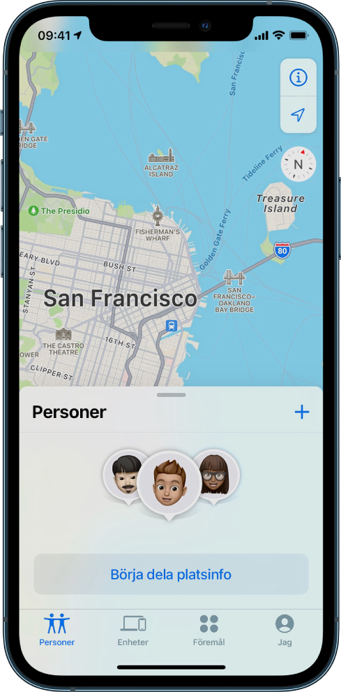 En iPhone-skärmavbild som visar knappen Börja dela platsinfo med tre andra personer.