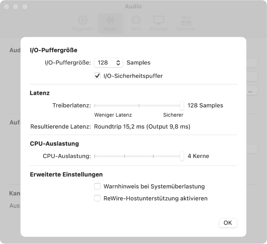 Abbildung. Bereich „Audio“ mit erweiterten Einstellungen