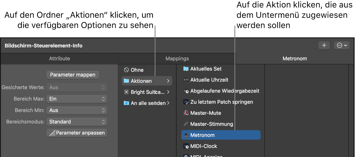 Abbildung. Mapping zwischen einer Bildschirmsteuerung und einer Aktion im Ordner „Aktionen“