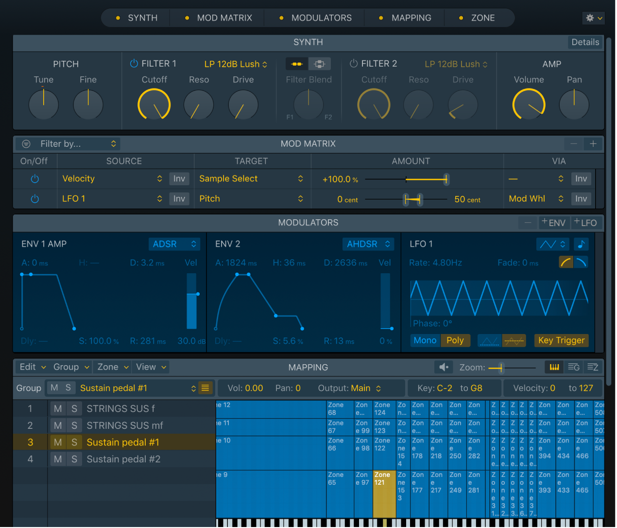 Figure. Sampler interface showing Synth, Mod Matrix, Modulators, and Mapping panes.