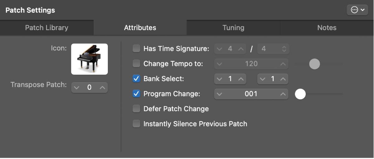 Figure. Patch Settings Inspector open to Attributes tab.