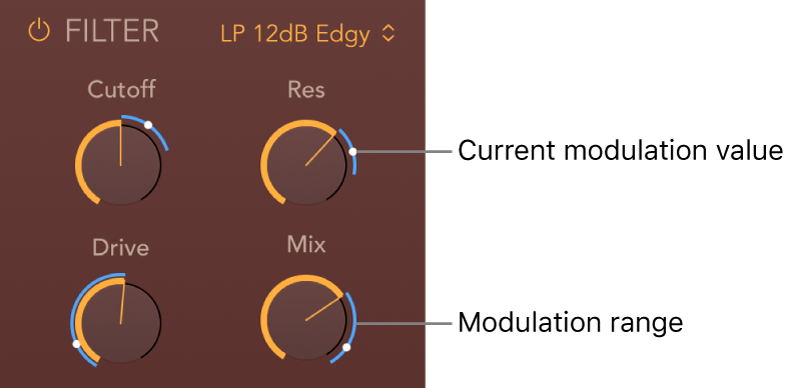 Figure. PhatFX Filter parameters showing blue modulation range and current modulation position indicators.
