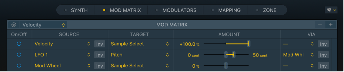 Figure. Mod Matrix pane, showing modulation Targets, Via sources, modulation Sources, and modulation intensity sliders.