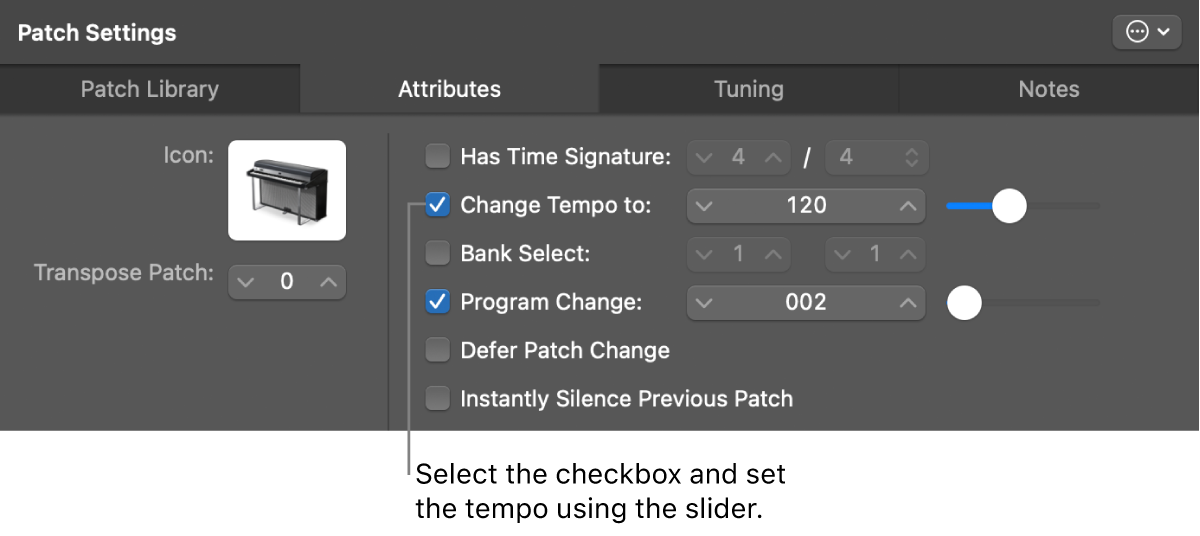 Figure. Dragging the Tempo slider in the Patch Inspector.