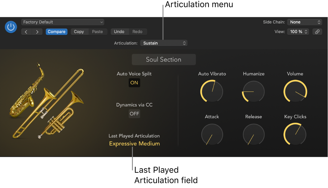 Figure. Software instrument showing Articulation menu and Last Played Articulation field.