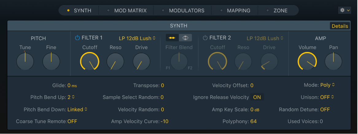 Figure, Sampler Synth Pane, with Details parameters also shown.
