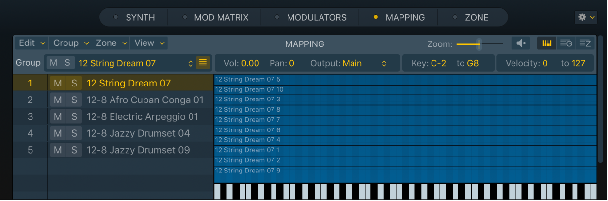 Figure. Key Mapping Editor showing multiple groups, created with an optimized zone per note drag and drop operation. The selected group shows several audio files.