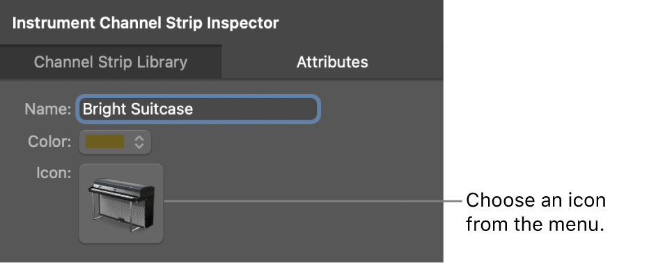Figure. Channel Strip Inspector showing the Icon menu.