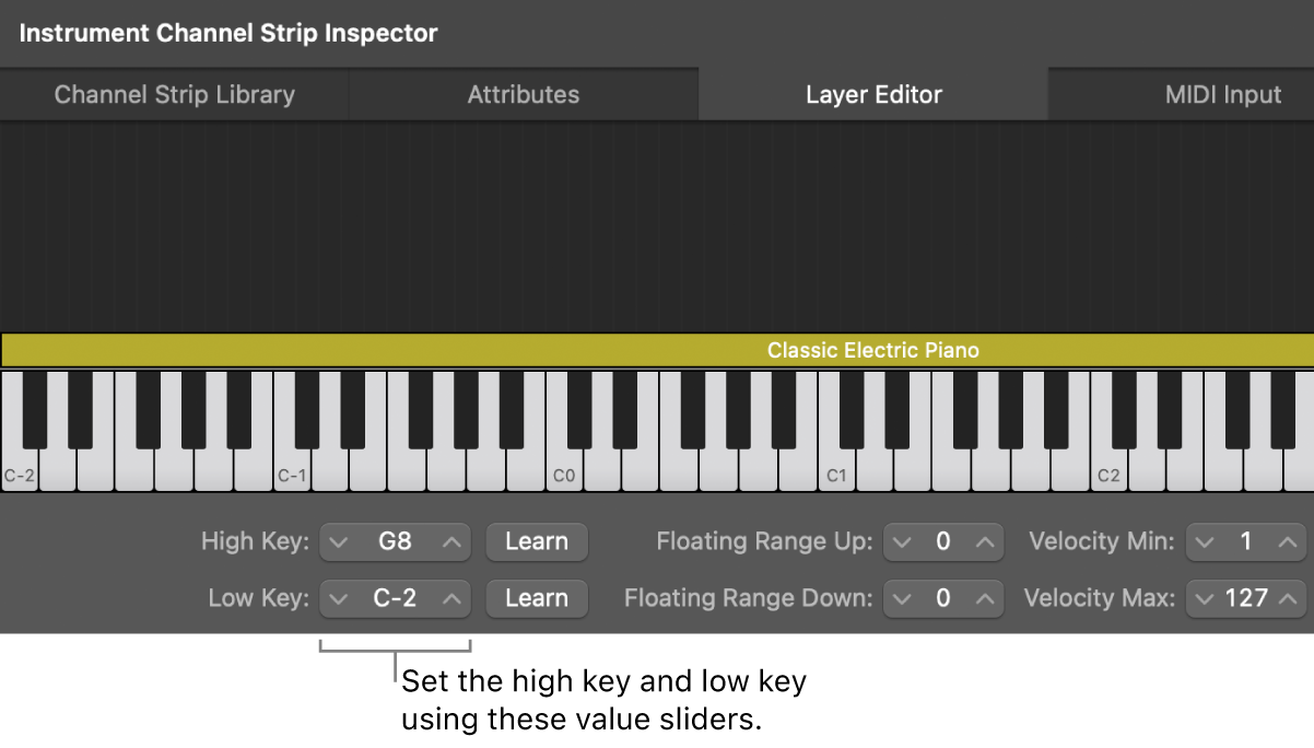 Figure. Setting the key range for a channel strip using the Low Key and High Key value sliders.