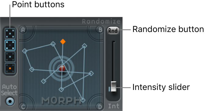 Figure. Morph Pad, showing Point buttons and Randomize parameters.