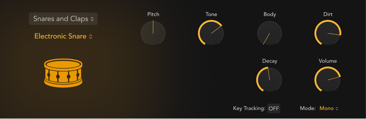 Figure. Drum Synth interface showing a snare drum sound and associated parameters. Parameters change when a different snare sound is chosen.