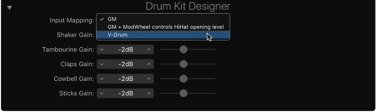 Ilustración. Opciones de “Asociación de entrada” en Drum Kit Designer.