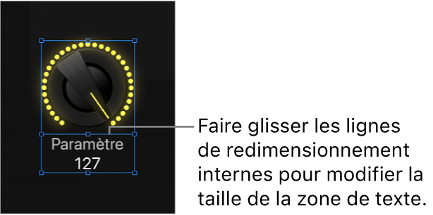 Figure. Redimensionnement de la zone d’affichage du texte d’une commande à l’écran par glissement du guide de redimensionnement intérieur.