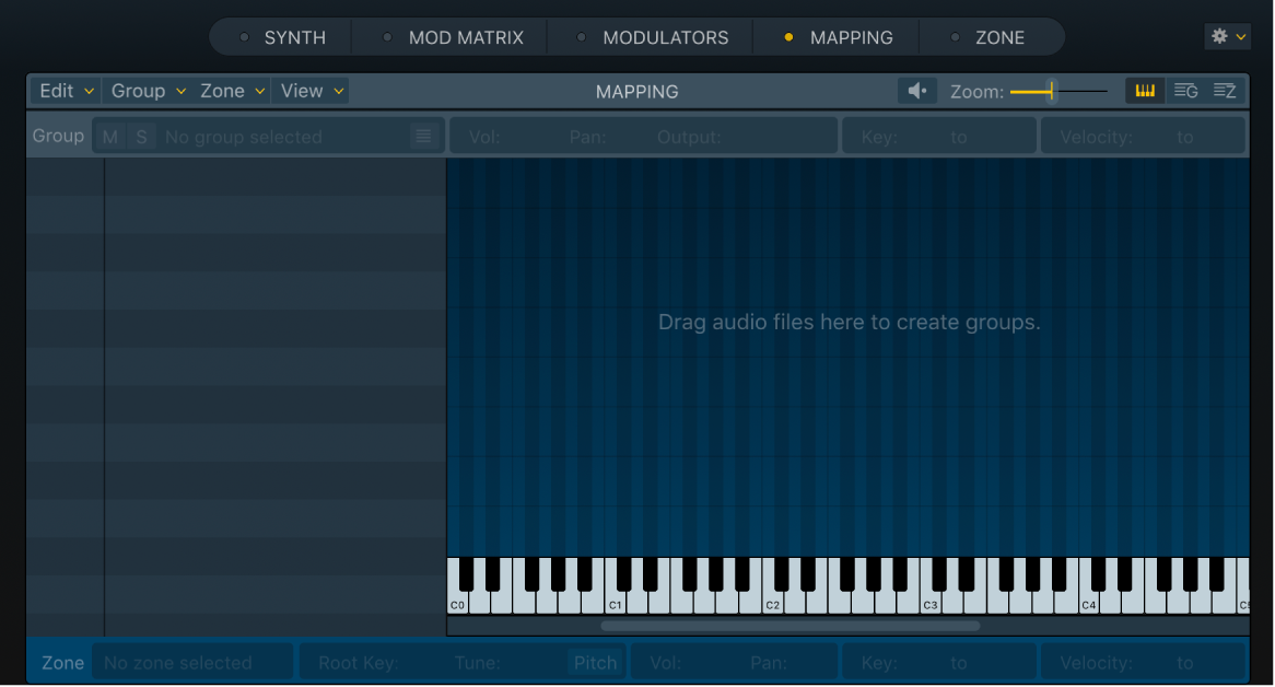 図。Samplerの空のキー・マッピング・エディタ。「Drag audio files here」というメッセージが表示されています。