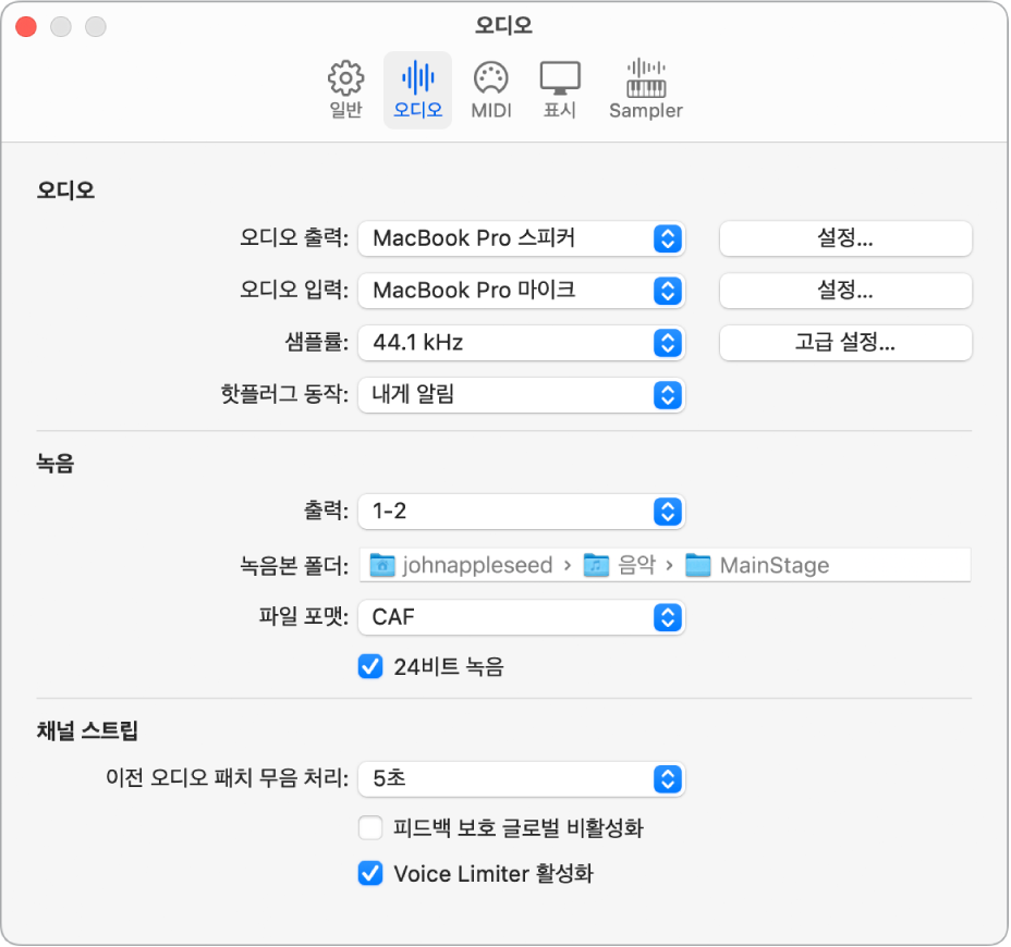 그림. 오디오 환경설정 패널.