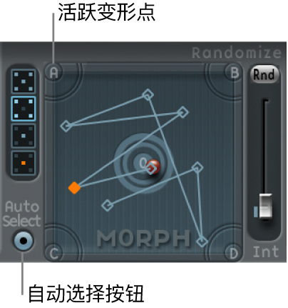 图。“变形”面板，图中显示了活跃的变形点和“自动选择”按钮。