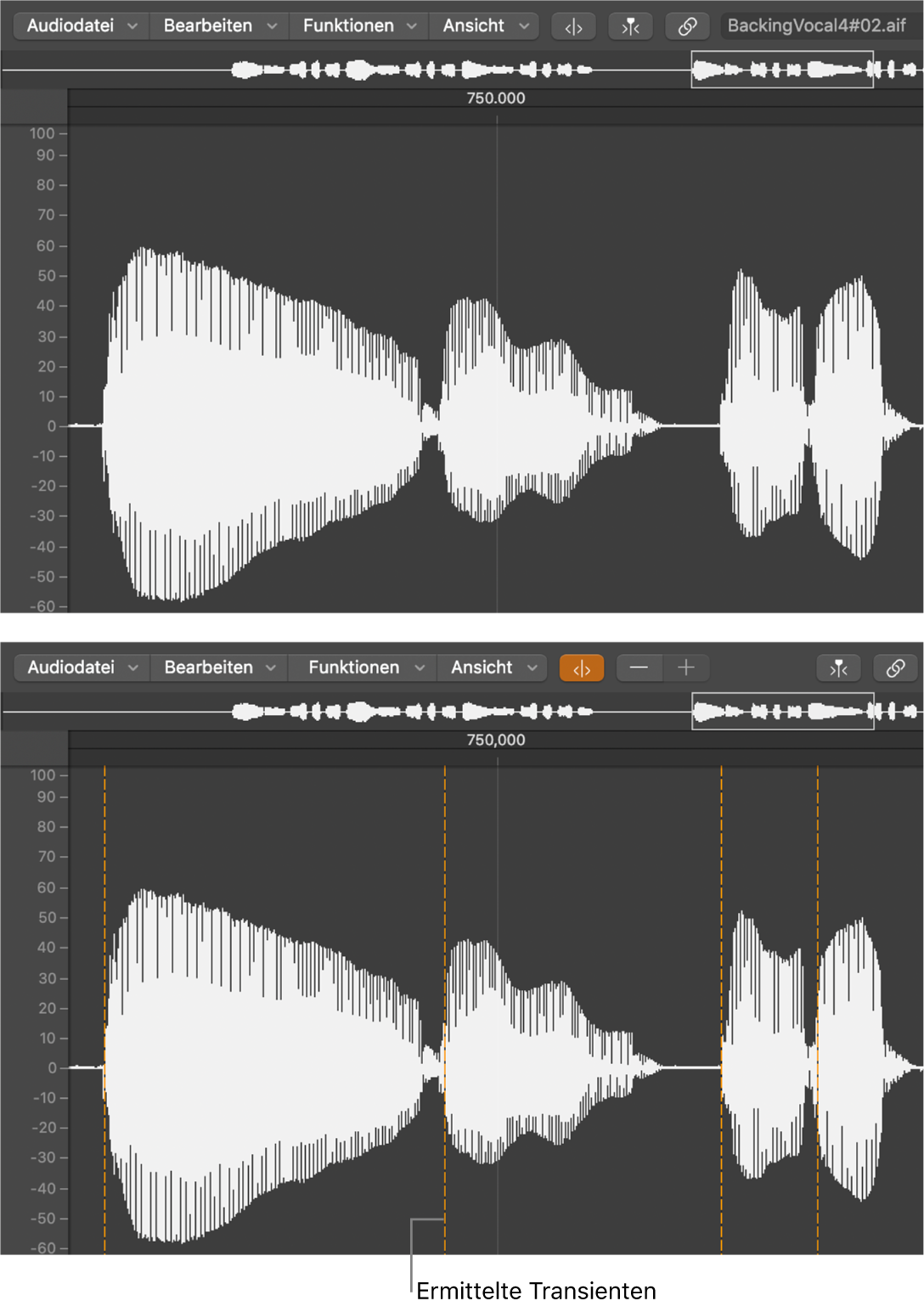 Abbildung. Audioregion im Audiodateieditor ohne und mit Transienten