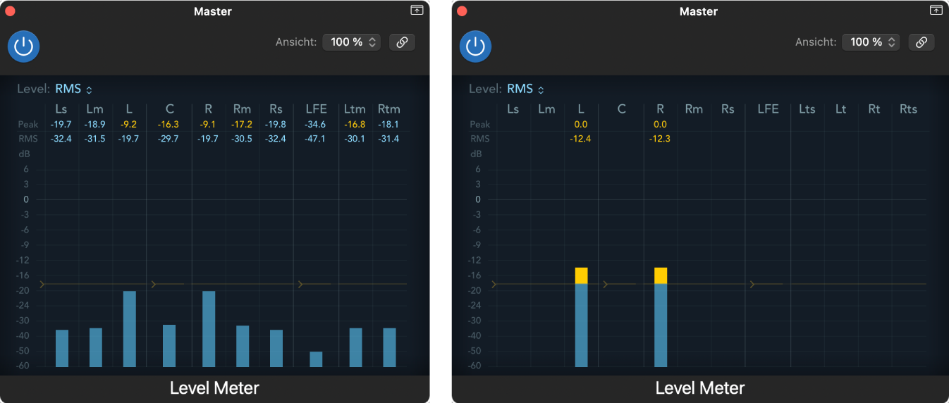 Abbildung. Audiopegel vor und nach dem Dolby Atmos-Plug-in beim Monitoring in 2.0.