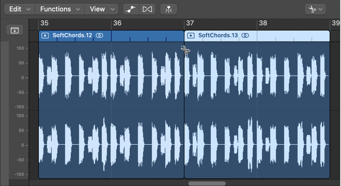 Figure. Splitting an audio region in the Audio Track Editor using the Scissors tool.