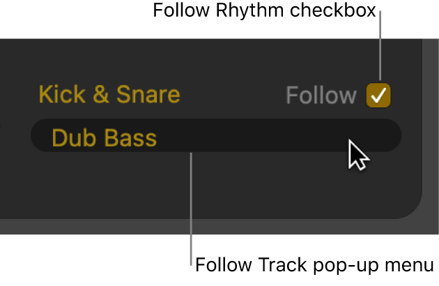Figure. Follow checkbox and Follow Track pop-up menu in the Drummer Editor.