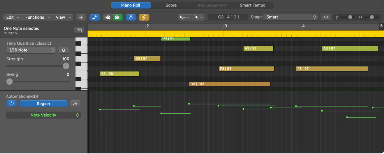 Figure. Automation/MIDI area showing region automation with MIDI parameter showing.