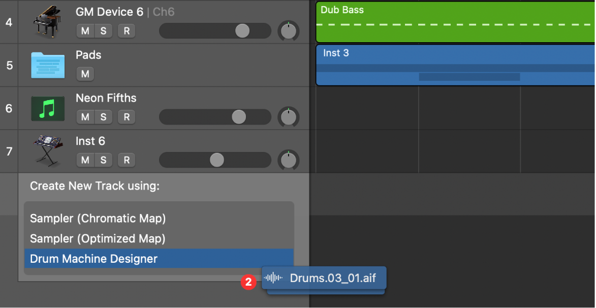 Dragging multiple audio files below the track headers, showing the different available options.