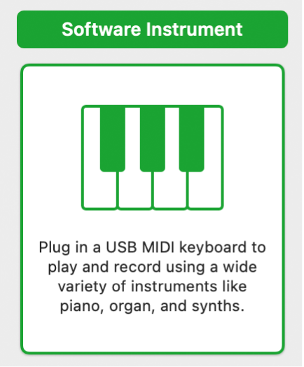 Figure. Selecting the Software Instrument & MIDI button in the New Tracks dialog.