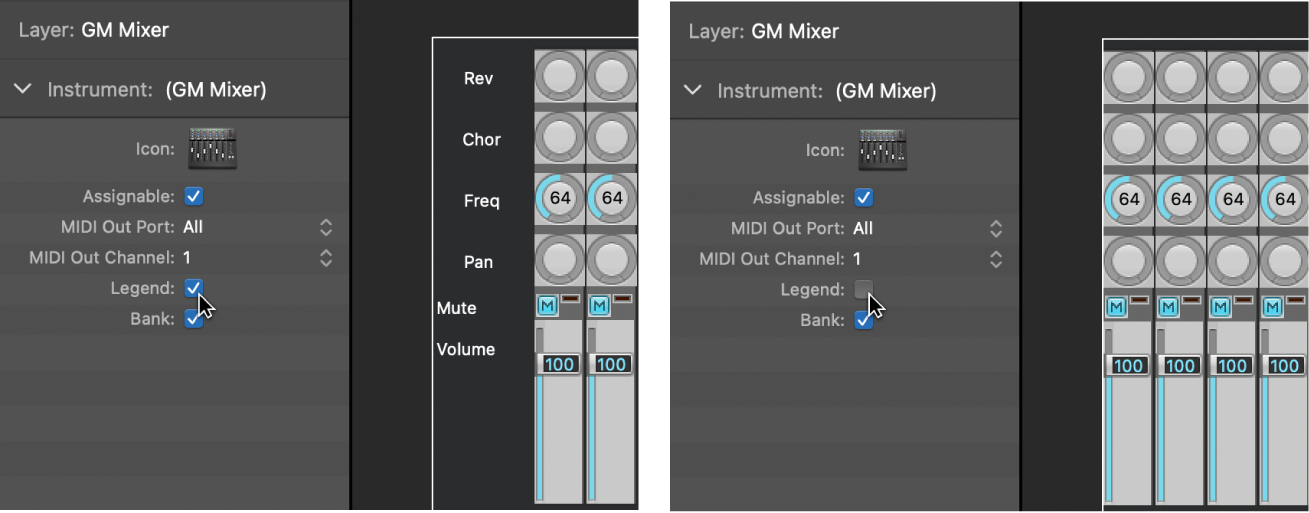Figure. Showing the GM mixer Legend checkbox on and off.