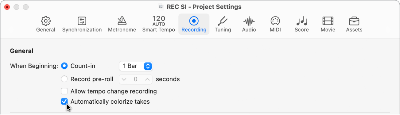 Figure. Selecting Auto-Colorize Takes in the Recording project settings pane.