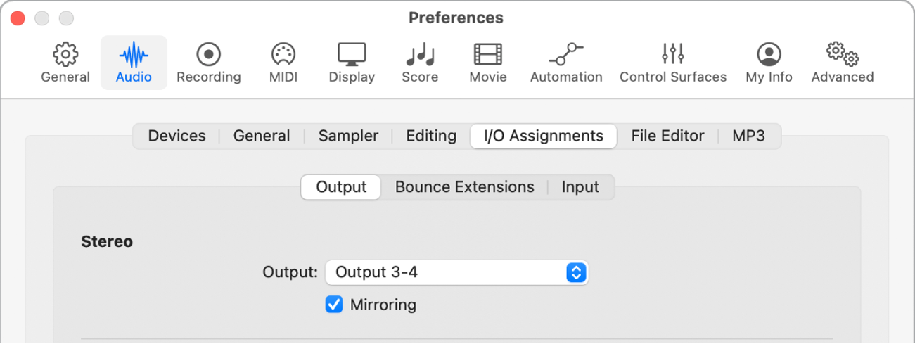 Figure. Output pane in the I/O Assignments pane in the Audio preferences.