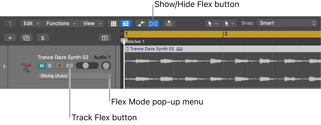 Figure. Flex button and Flex Mode pop-up menu in an audio track header.