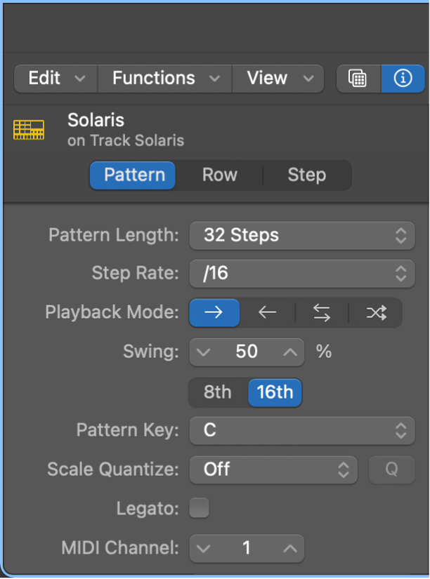 Step Sequencer Local inspector showing pattern settings.