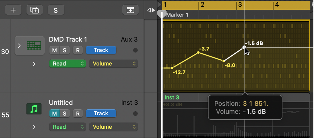 Figure. Showing a track’s volume and pan automation.